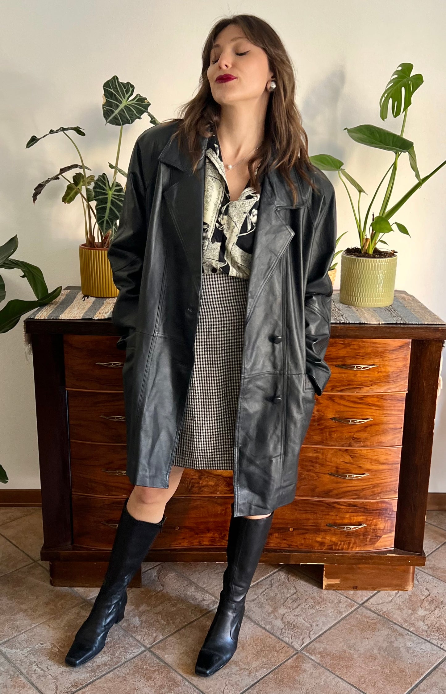 1980's vintage oversize black leather jacket with asymmetrical buttons