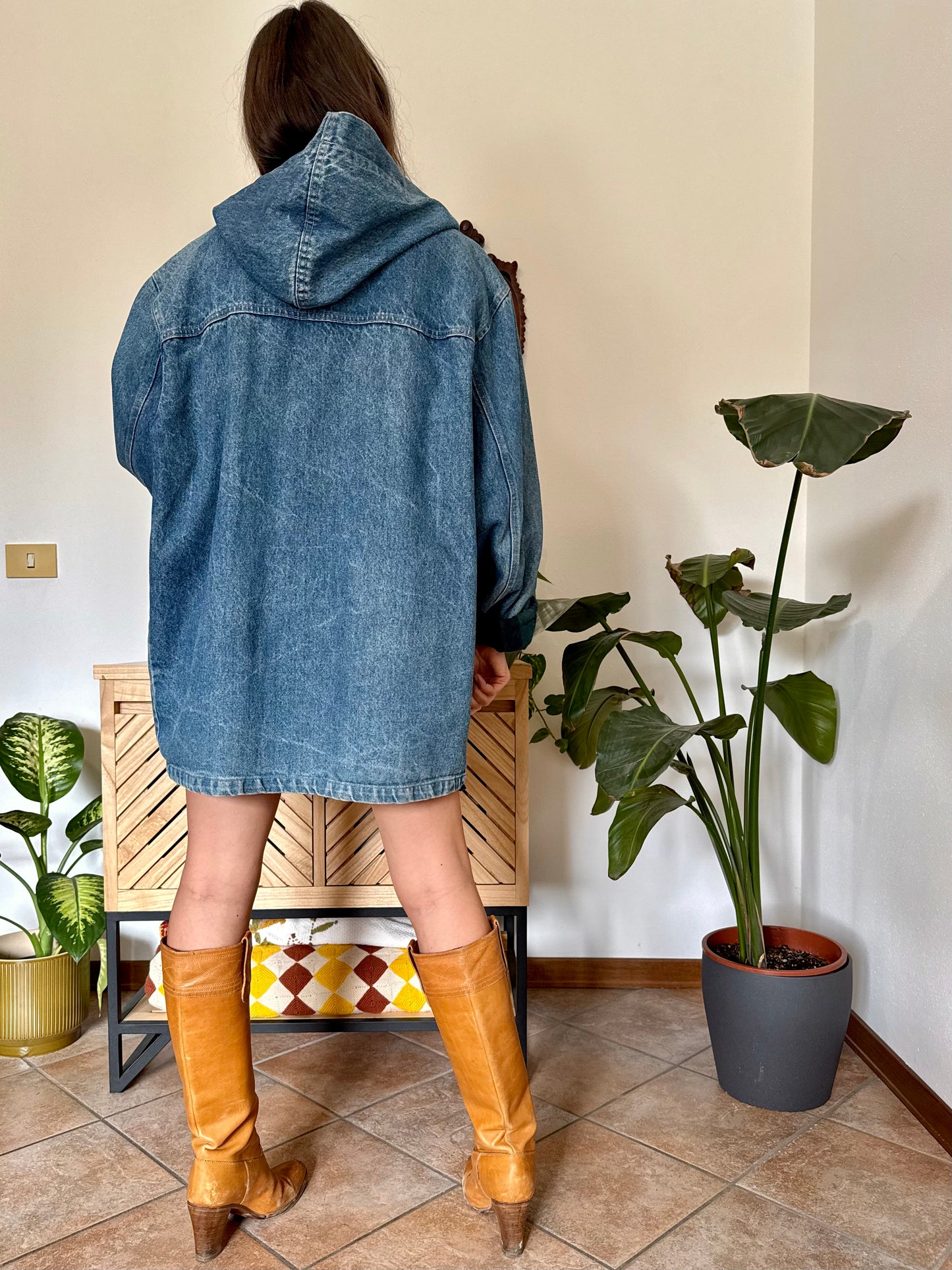 1990’s vintage denim duffle coat with green and navy plaid lining