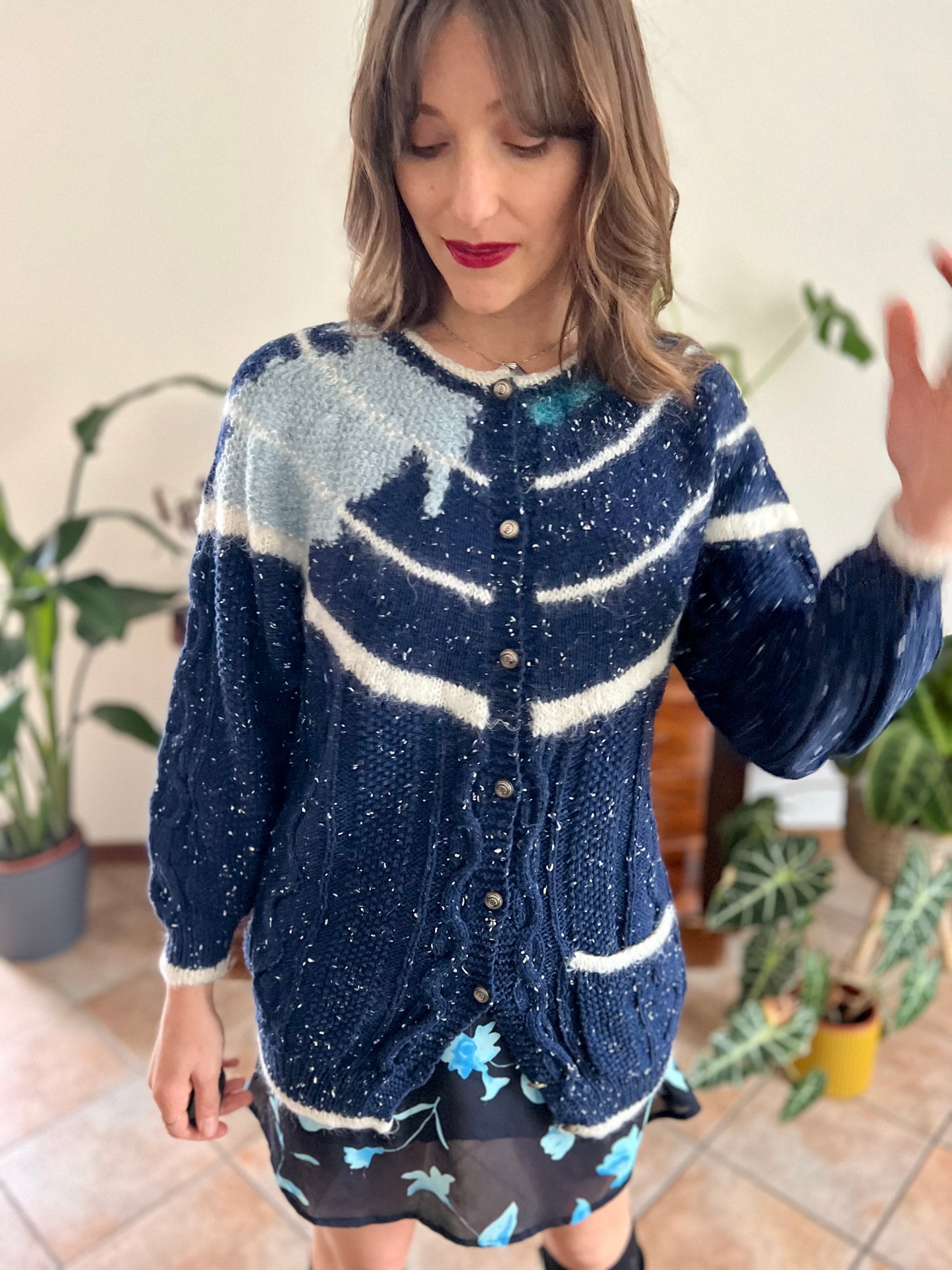 1970's vintage navy blue and cream speckled hand knit cardigan with turquoise asymmetric design