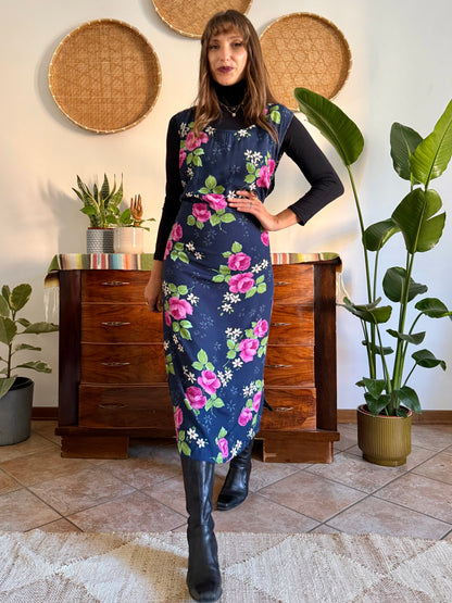 1990’s vintage navy blue and pink floral maxi dress