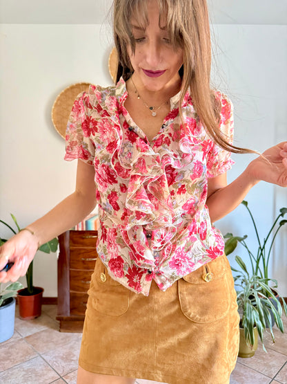 Y2K vintage pink floral ruffle silk blouse