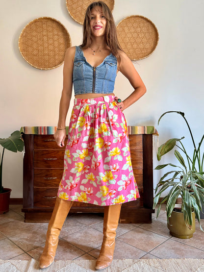 1970’s vintage pink and yellow button down midi skirt