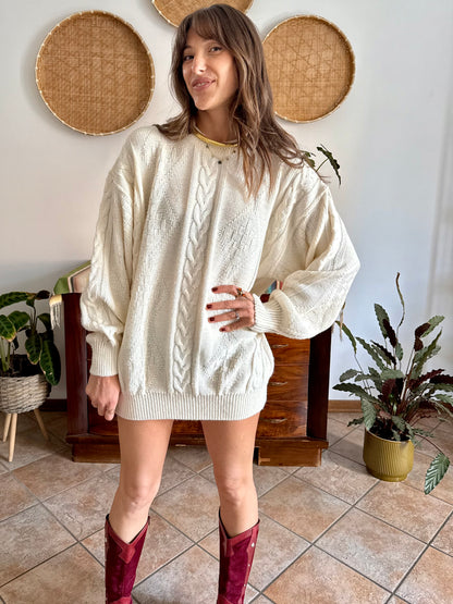 1970's vintage oversize cream wool blend cable knit Fisherman's pullover