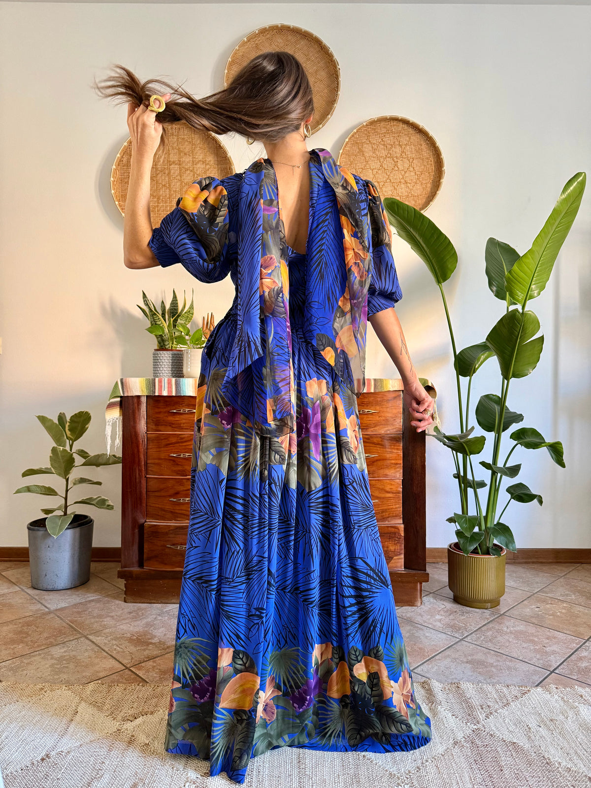 1960’s vintage blue floral silk evening gown with matching scarf and belt