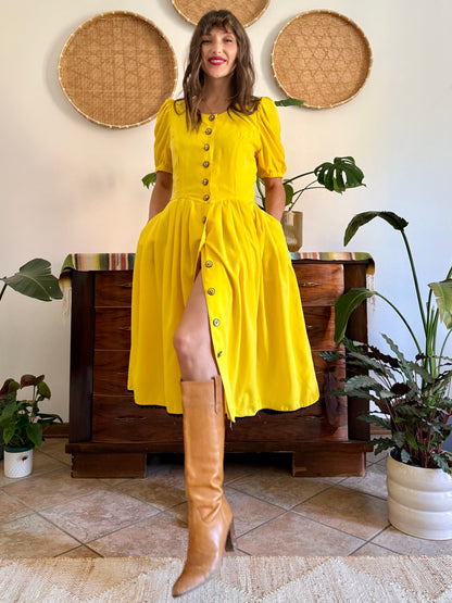 1960’s vintage canary yellow button down midi dress with black crochet detailing
