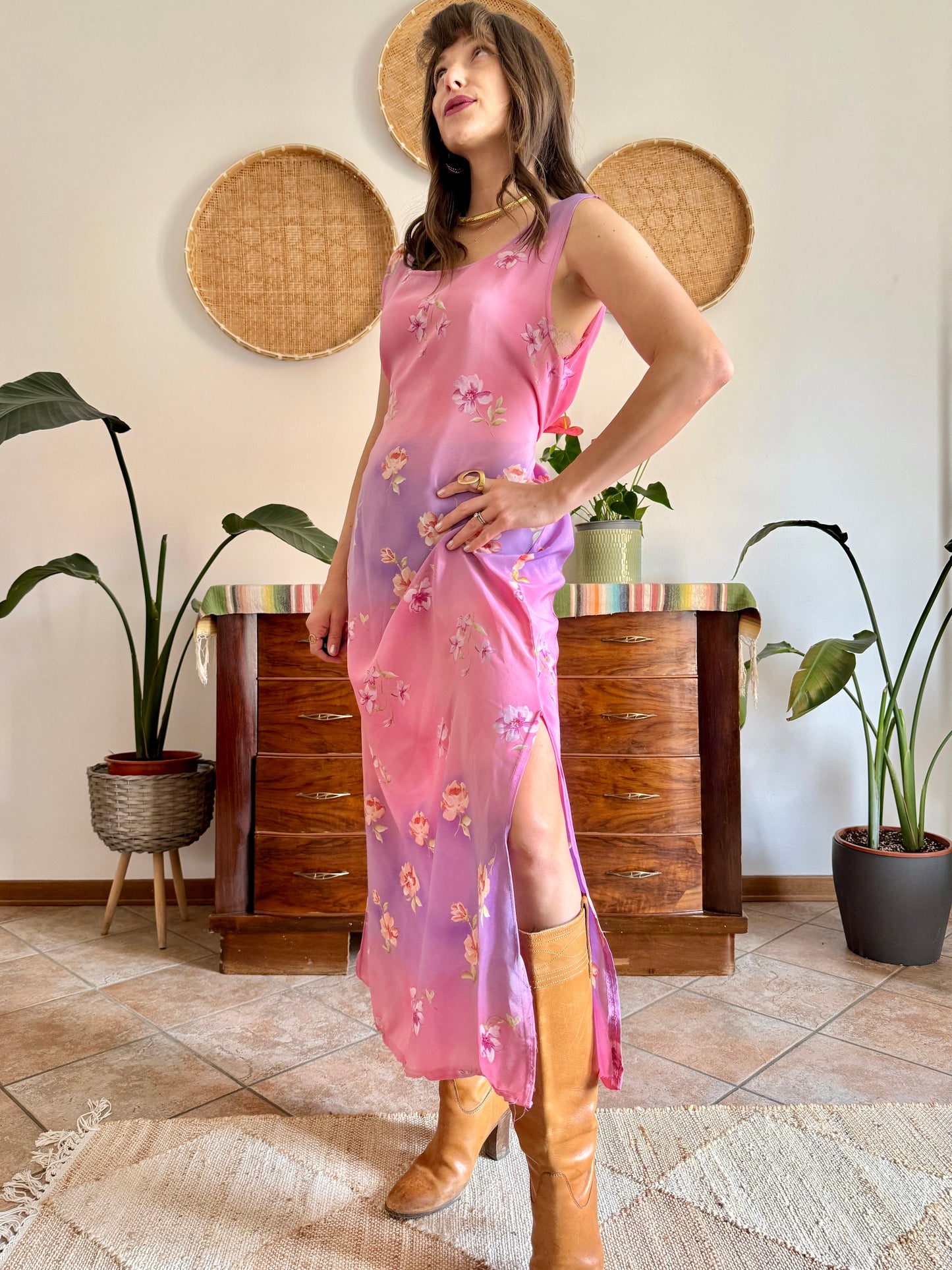 Y2K vintage lilac and pink semi sheer floral maxi dress