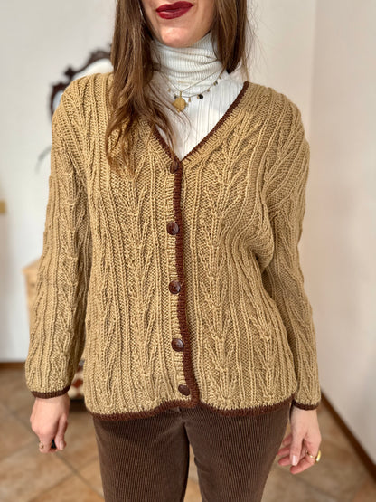 1970’s vintage tan hand knit wool cardigan with chocolate brown stitch trimming