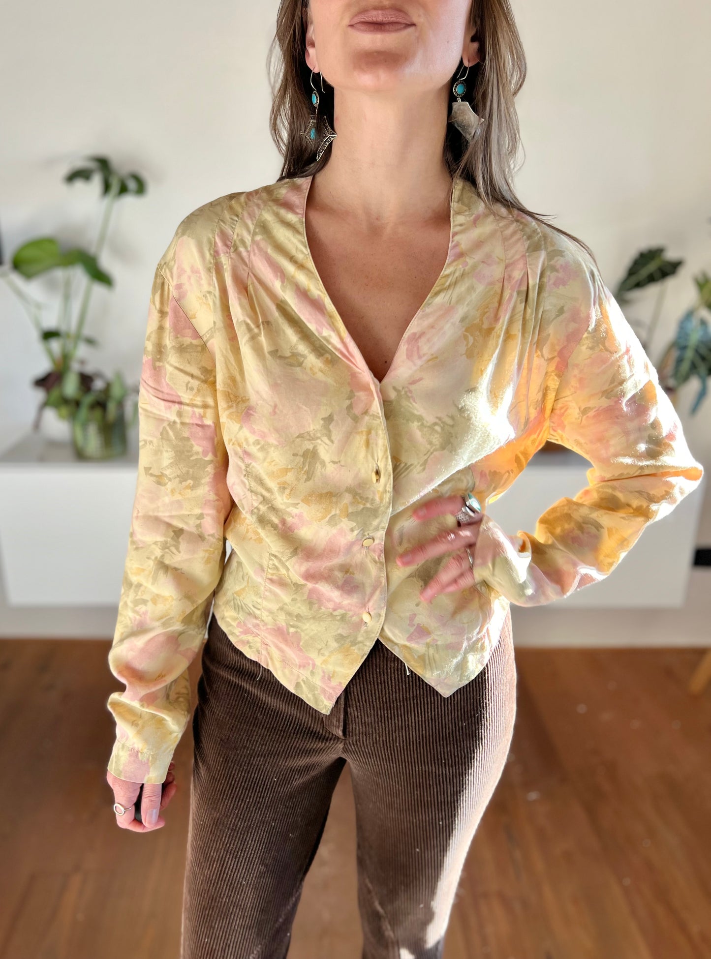 1970's vintage pink and green watercolour effect floral blouse