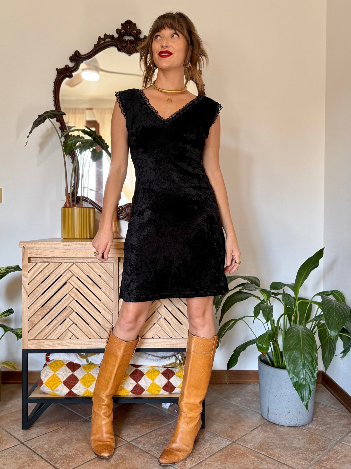 1990’s black velvet midi dress with lace trim