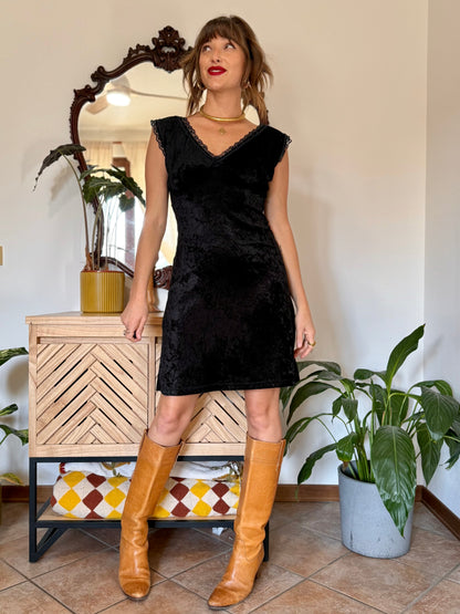 1990’s black velvet midi dress with lace trim