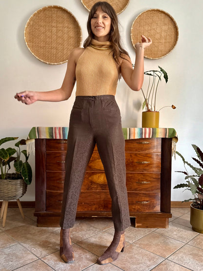 1970's vintage chocolate brown floral print tailored trousers