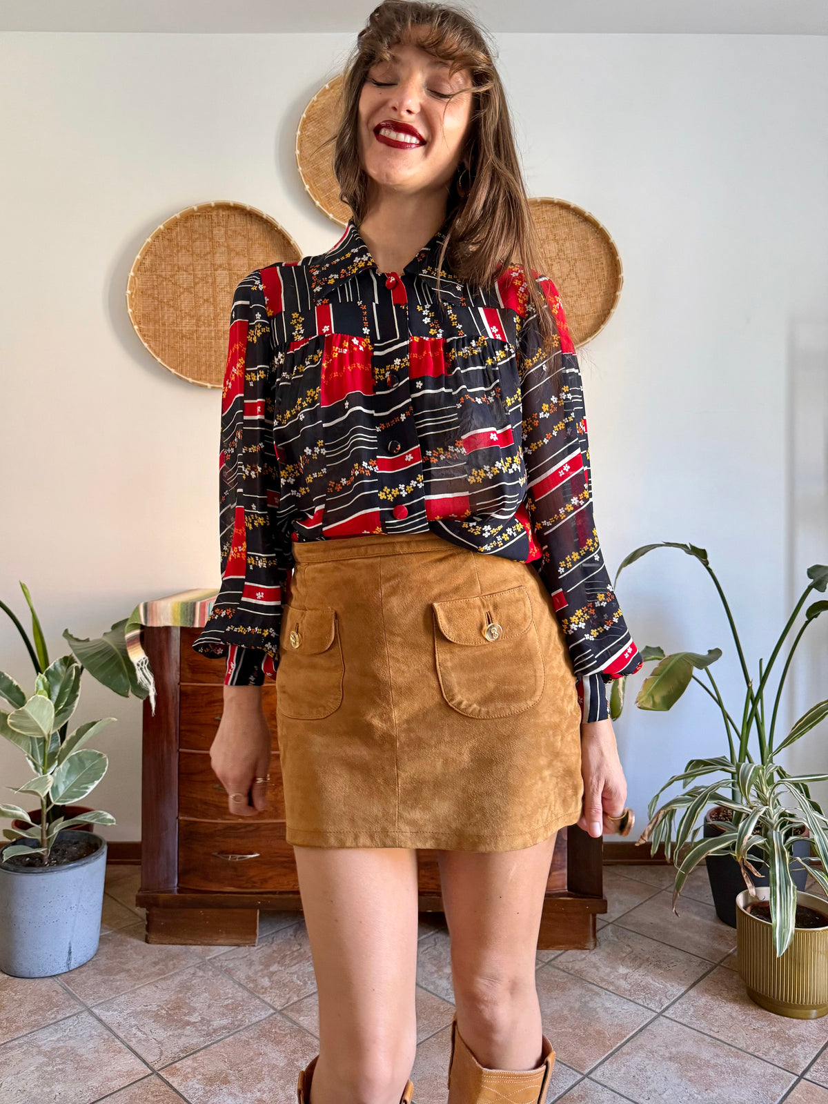 1970's vintage black, red and yellow stripe and floral print blouse