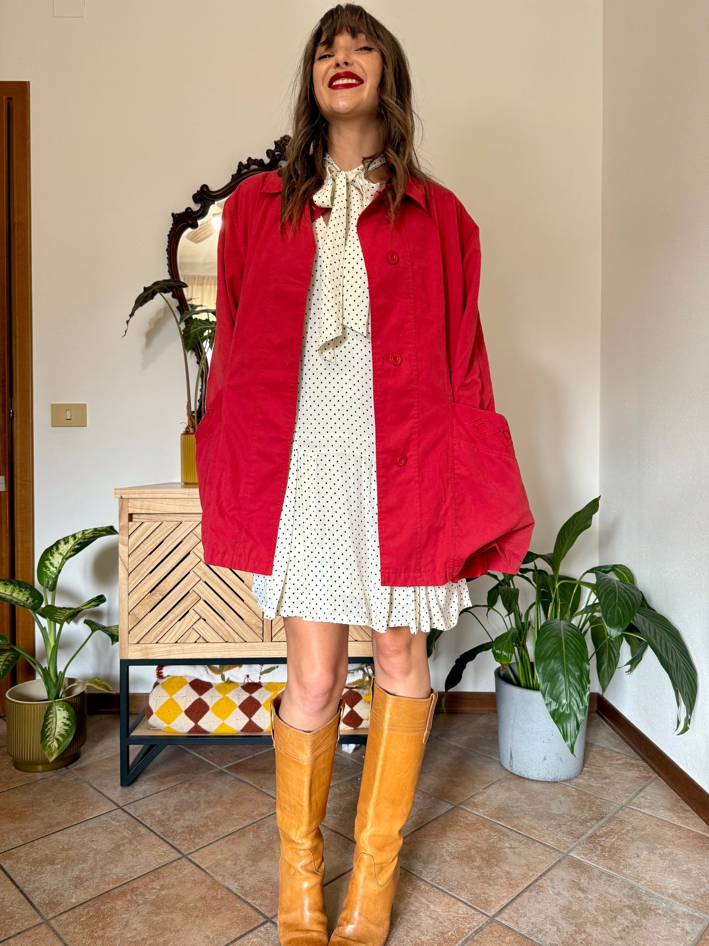 1990’s vintage cherry red chore coat with diamond embroidered detailing