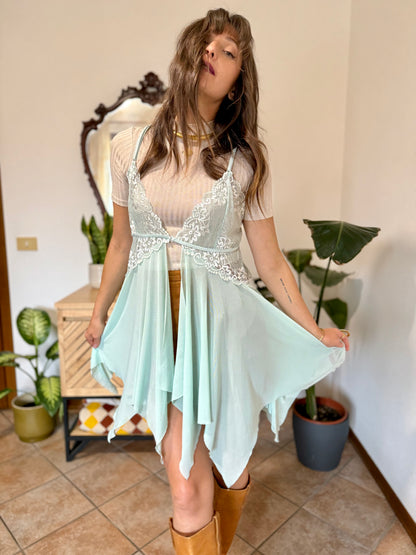 Y2K vintage asymmetrical light turquoise and lace slip