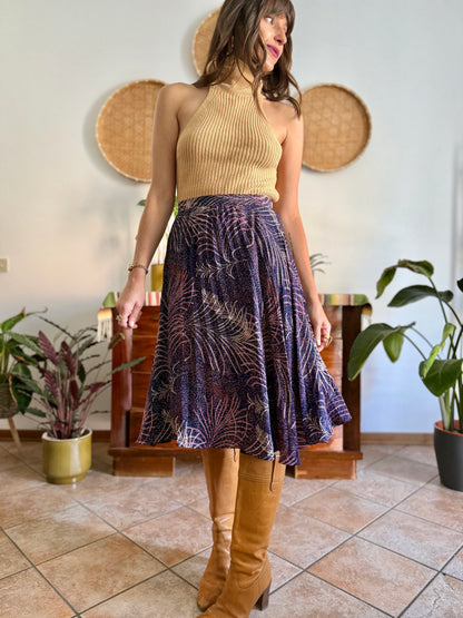 1970's vintage navy blue silk skirt with pink and cream abstract print