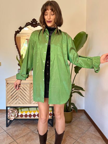 1970’s vintage oversize green and brown iridescent silk blouse