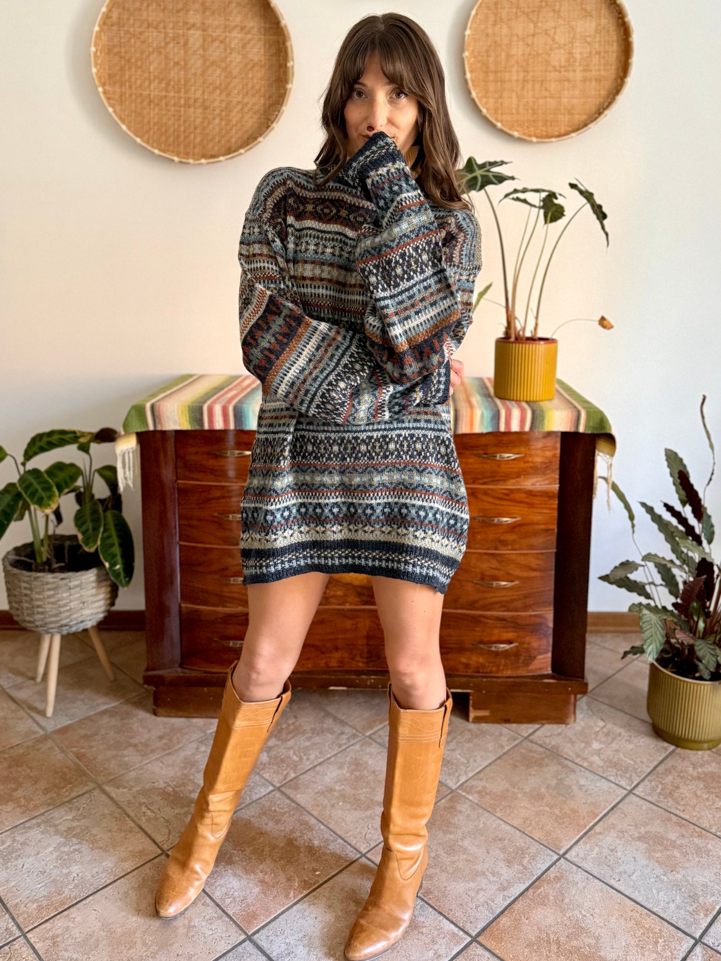 1990's vintage wool chocolate brown, navy and light blue geometric stripe knit sweater dress