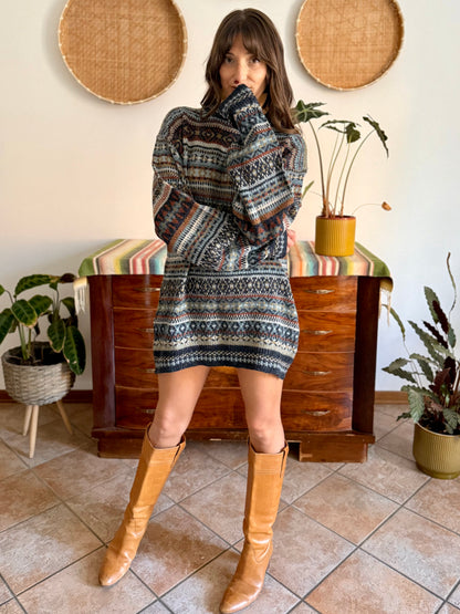 1990's vintage wool chocolate brown, navy and light blue geometric stripe knit sweater dress