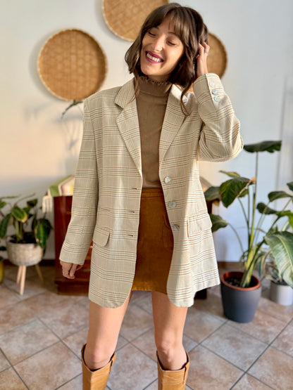 1970’s vintage wool cream, grey and tan plaid wool blazer with oversize mother of pearl buttons