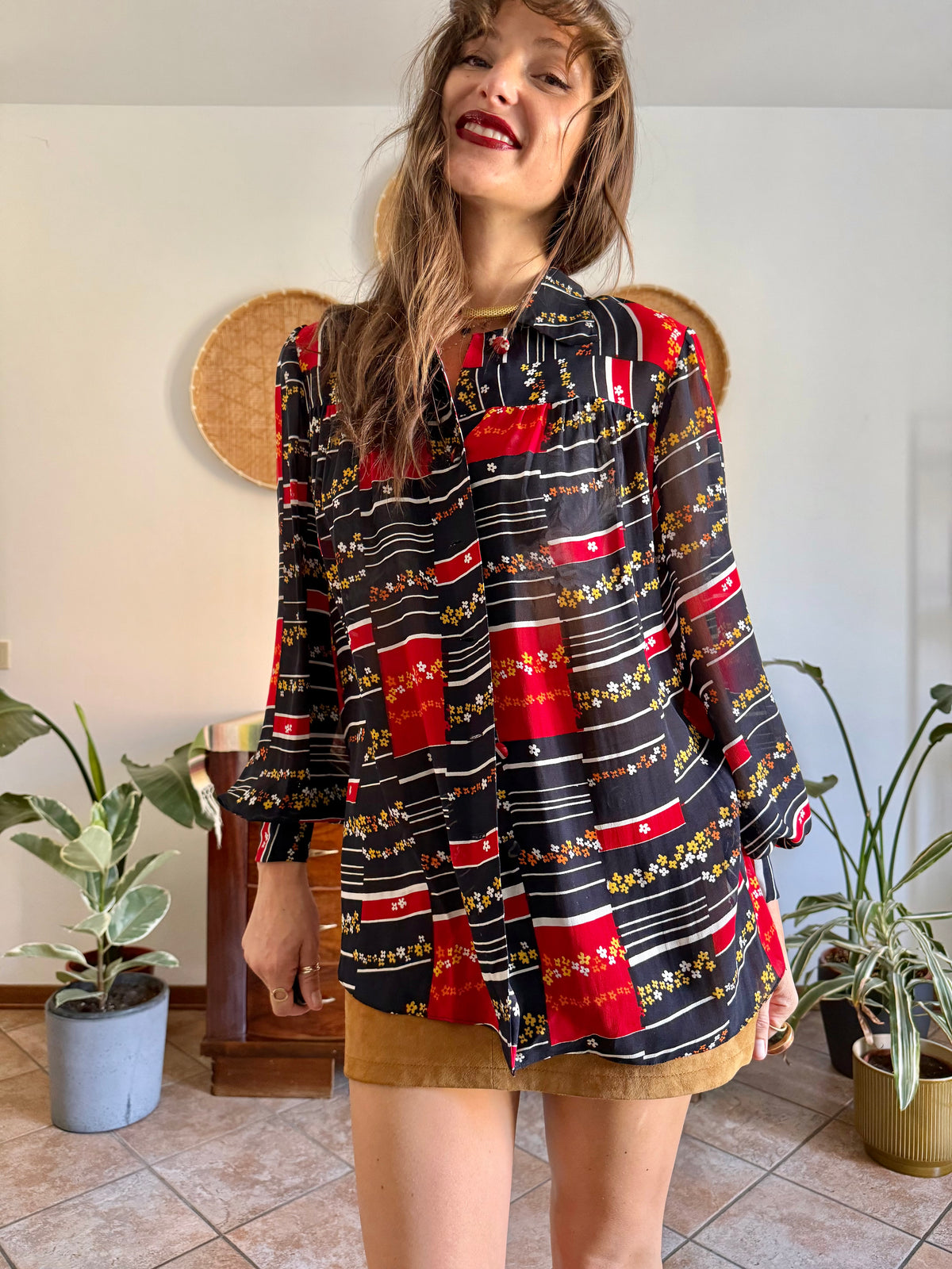 1970's vintage black, red and yellow stripe and floral print blouse