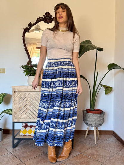 1990’s vintage blue and cream floral stripped maxi skirt