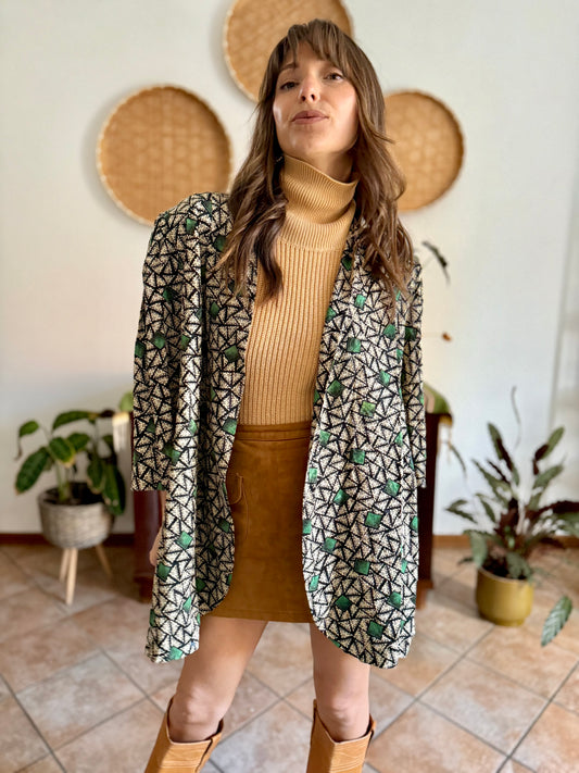 1970's vintage tan, black and green geometric print satin jacket