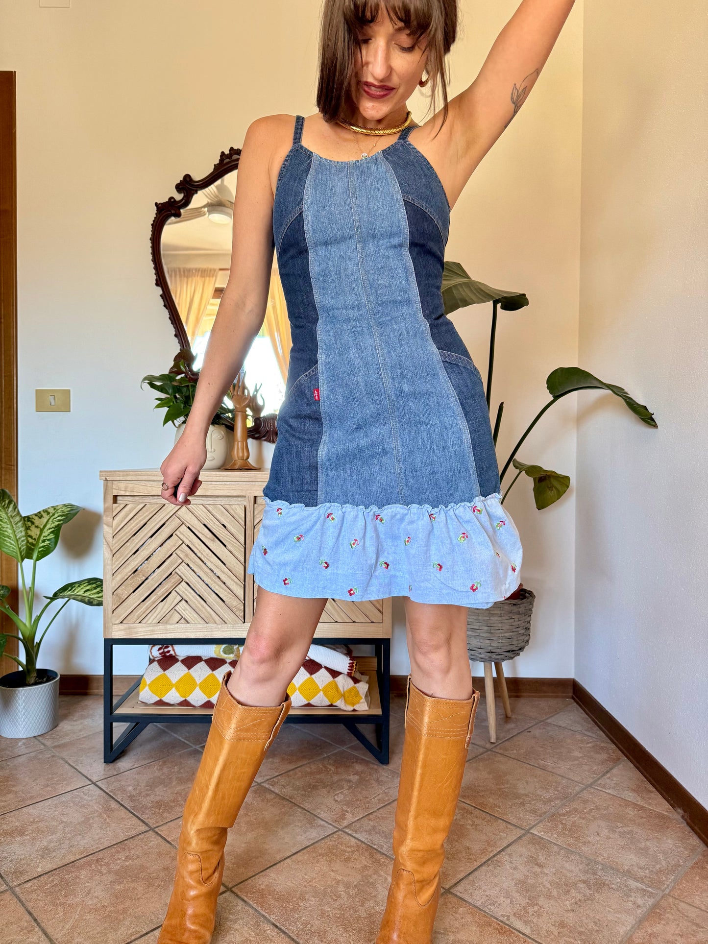 Y2k vintage denim Levi's mini dress with floral embroidery ruffle trim