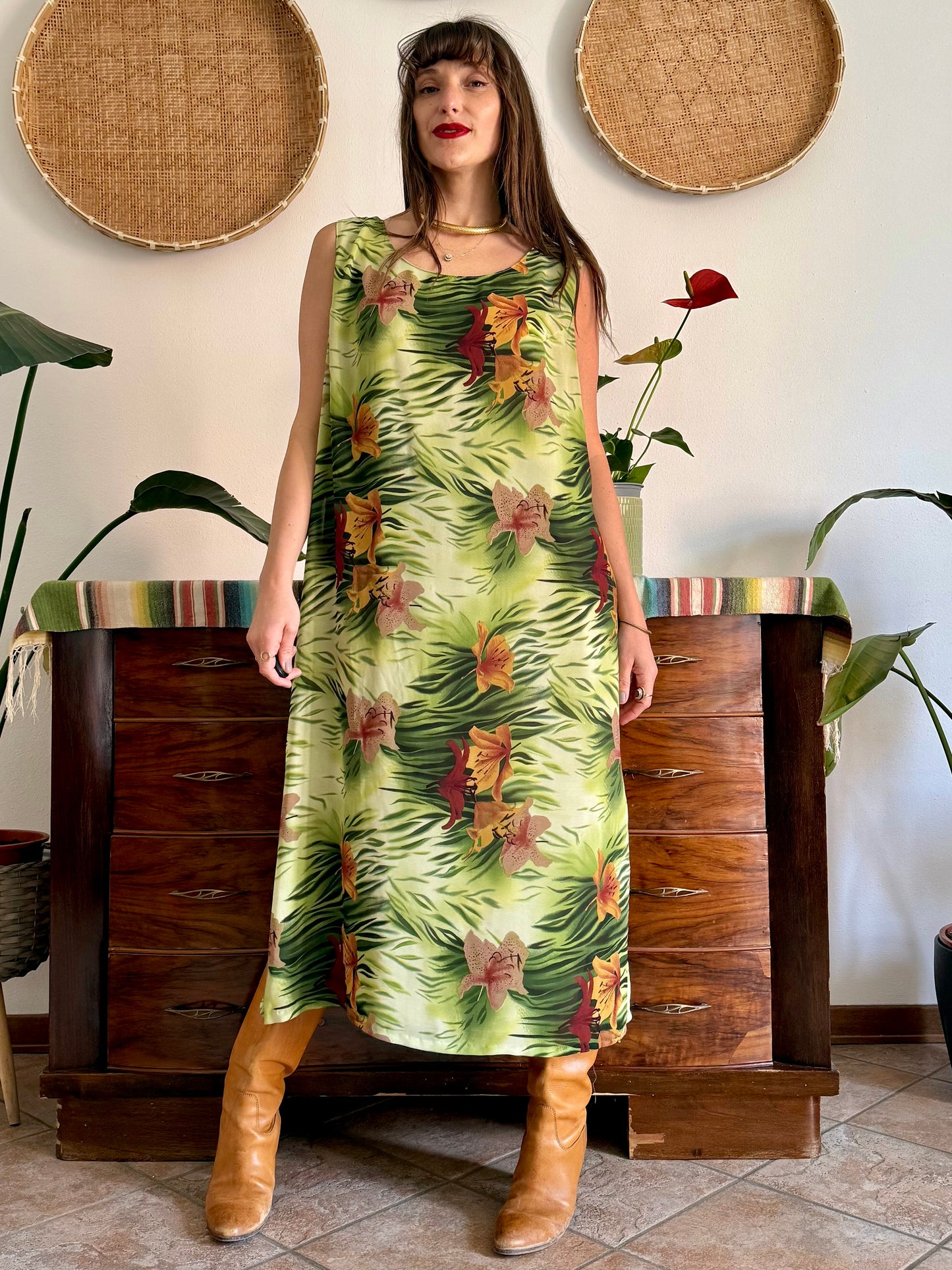 1990's vintage green and burgundy safari print maxi dress