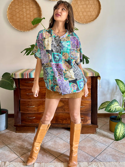 1990’s vintage lilac, turquoise and tan patchwork floral print blouse
