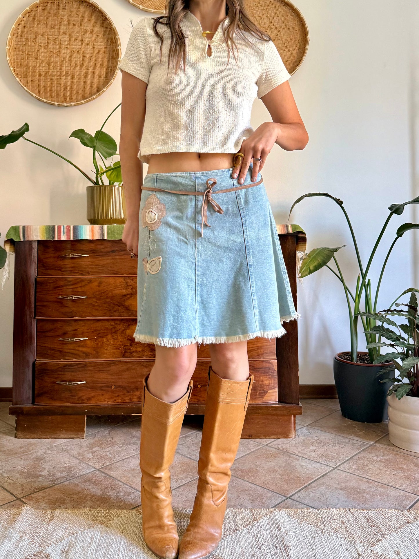 Y2K vintage denim skirt with beige floral patch detailing