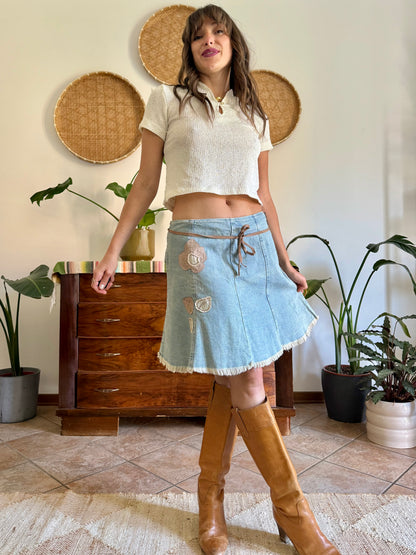 Y2K vintage denim skirt with beige floral patch detailing