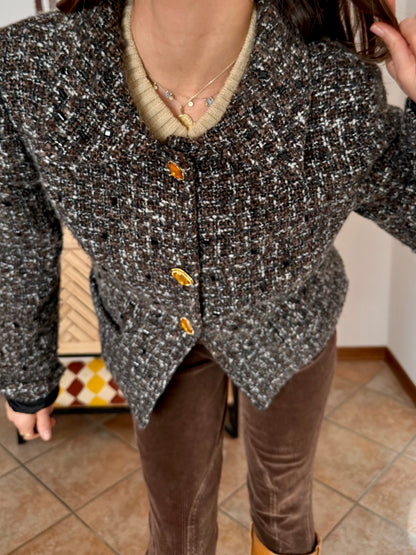 1990’s vintage black, khaki and cream boucle wool with gold and yellow glass buttons