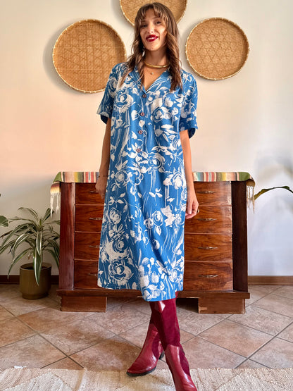 1960's vintage blue and cream floral silk midi dress