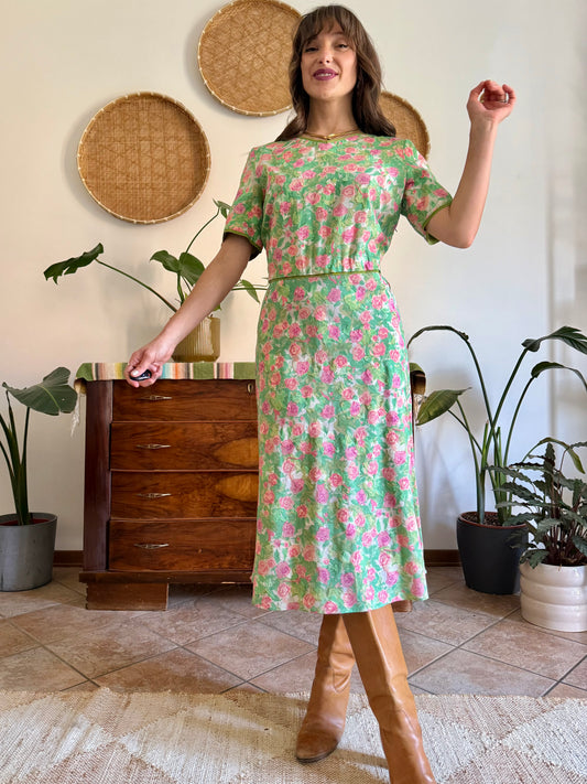 1960’s vintage semi sheer green, pink and white textured floral print midi dress