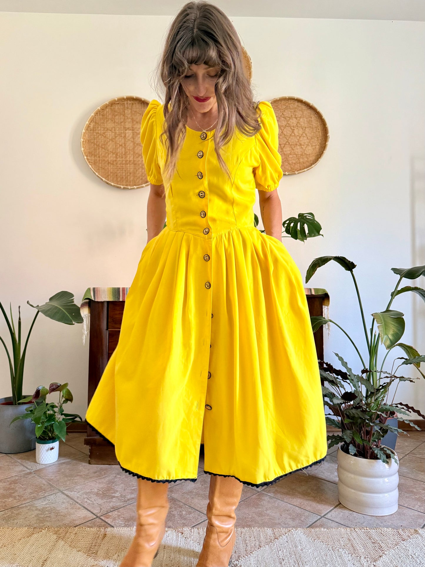 1960’s vintage canary yellow button down midi dress with black crochet detailing