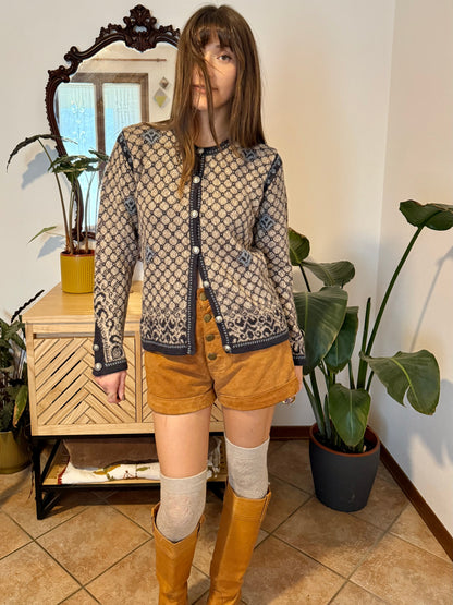 1990's vintage grey and beige alpaca knit cardigan with turquoise geometric pattern