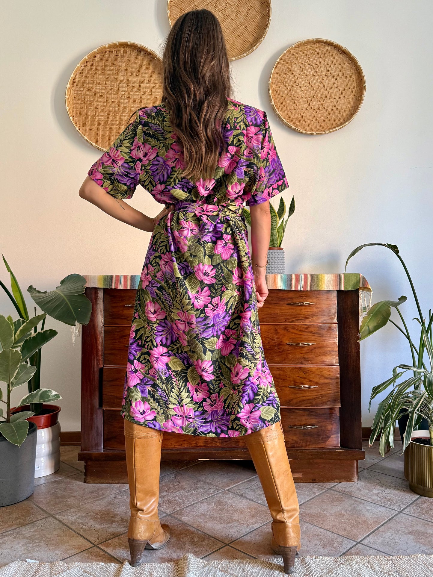 1960’s vintage, pink purple and green floral midi dress with matching belt