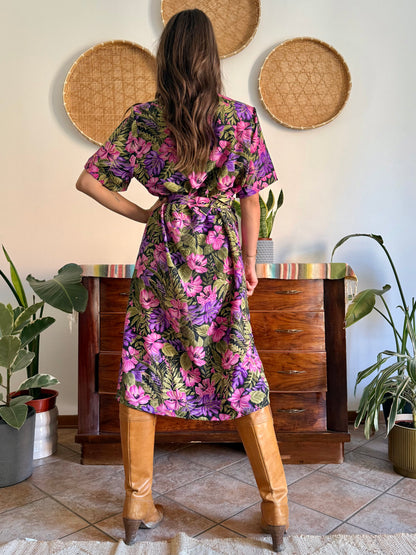 1960’s vintage, pink purple and green floral midi dress with matching belt