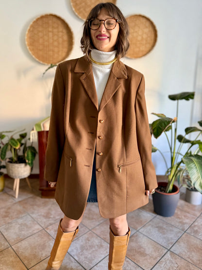 1970's vintage chocolate brown oversize wool jacket with gold metal details