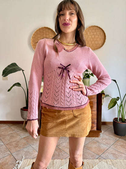 Y2K vintage pink knit bell sleeve knit pullover with bow details