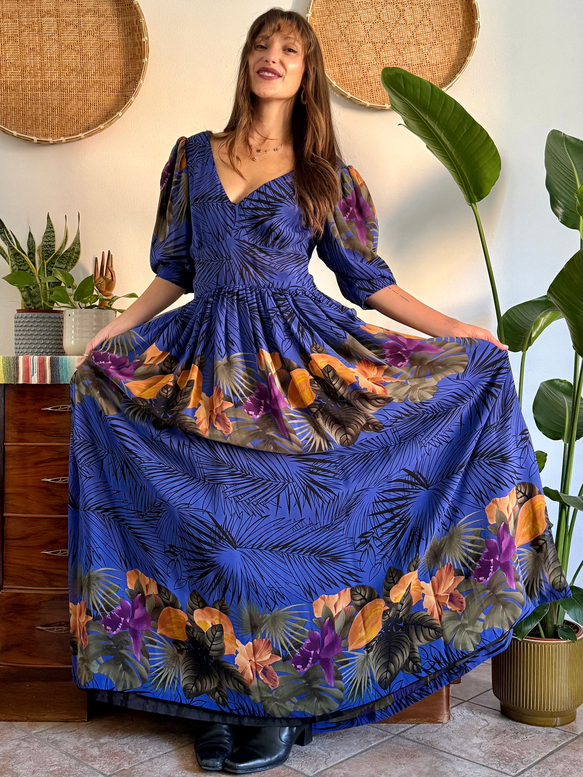 1960’s vintage blue floral silk evening gown with matching scarf and belt