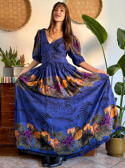 1960’s vintage blue floral silk evening gown with matching scarf and belt