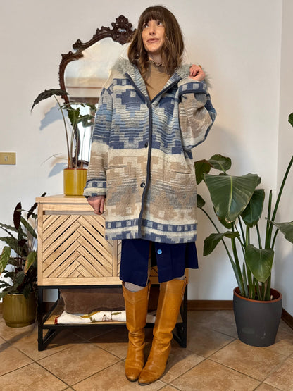 1990's vintage blue and tan Aztec pattern wool coat