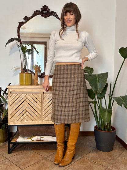 1970's vintage chocolate brown, green and blue plaid wool midi skirt