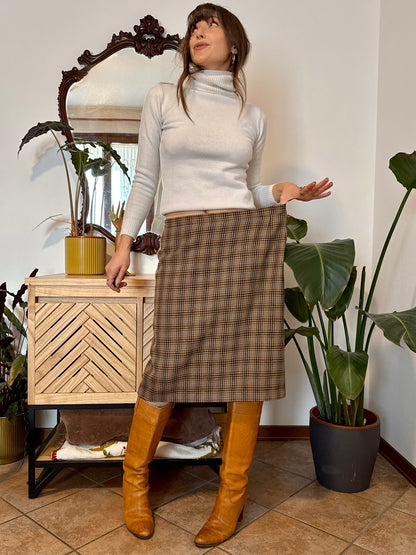 1970's vintage chocolate brown, green and blue plaid wool midi skirt