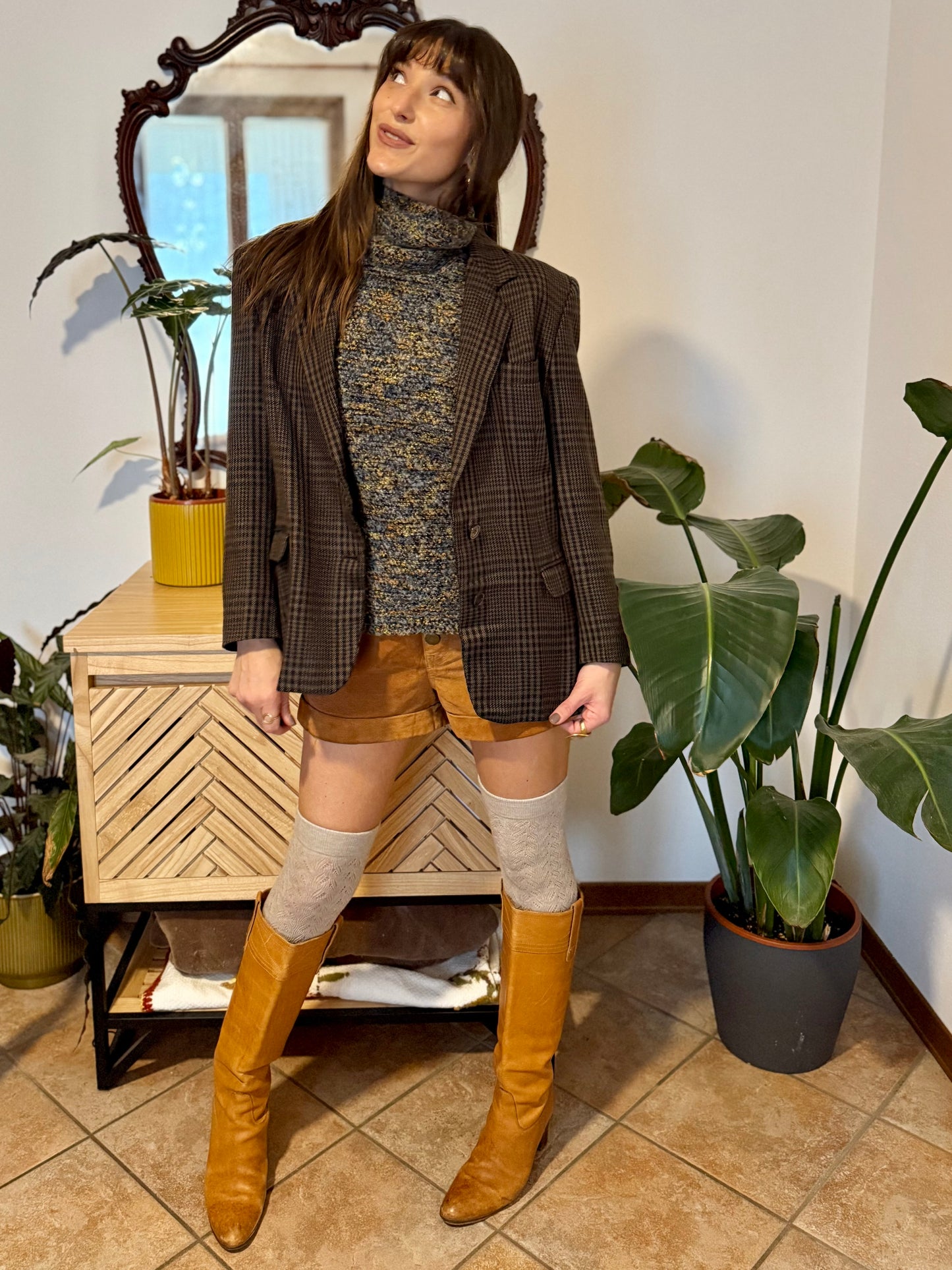 1990's vintage cashmere, wool and silk blend chocolate brown and blue blazer