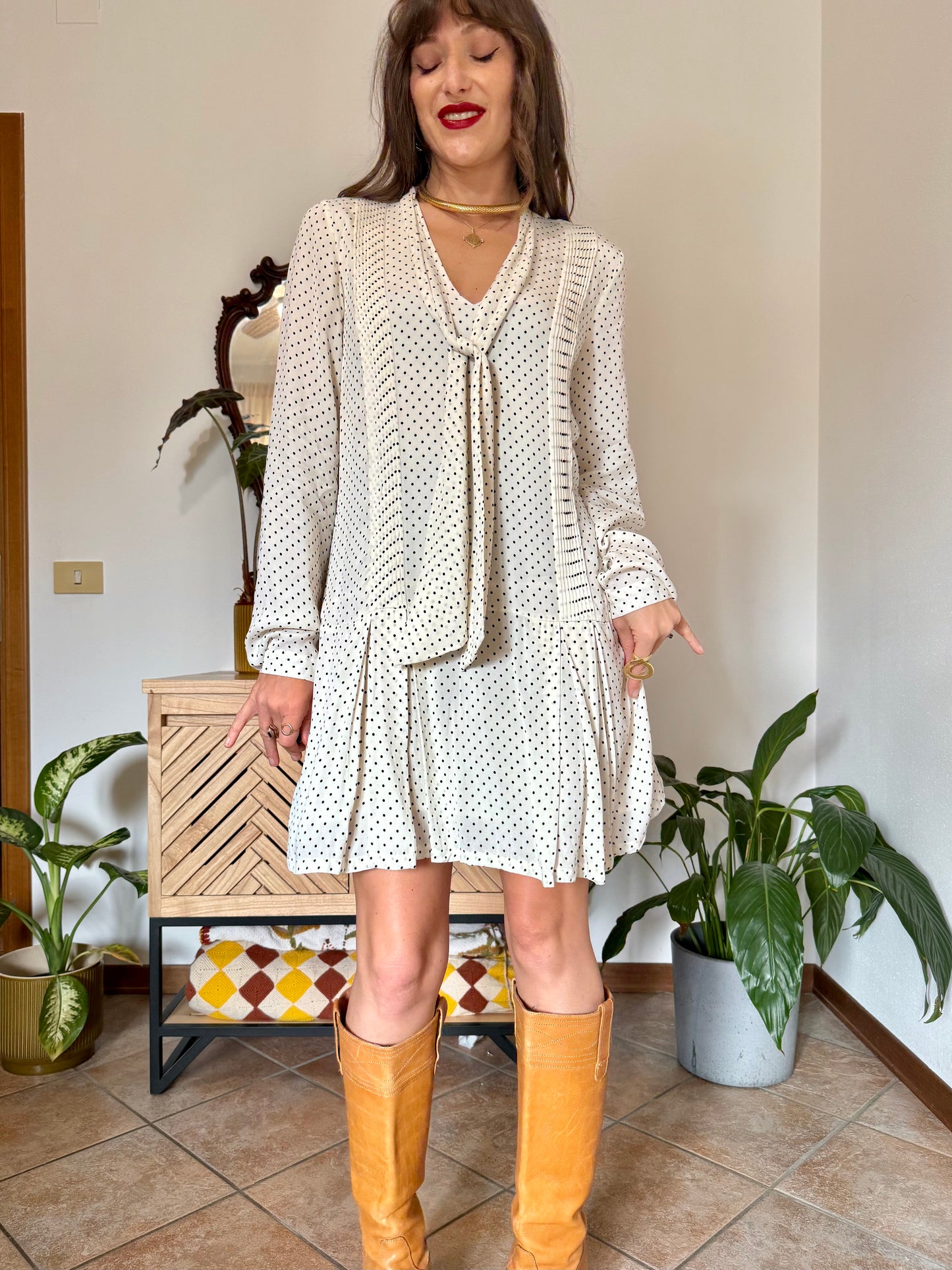 1990’s vintage cream pleated mini dress with black polkadots and bow tie neck