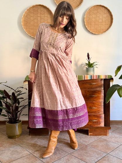 1970's vintage lilac midi dress with gold and purple geometric pattern and glass bead detailing