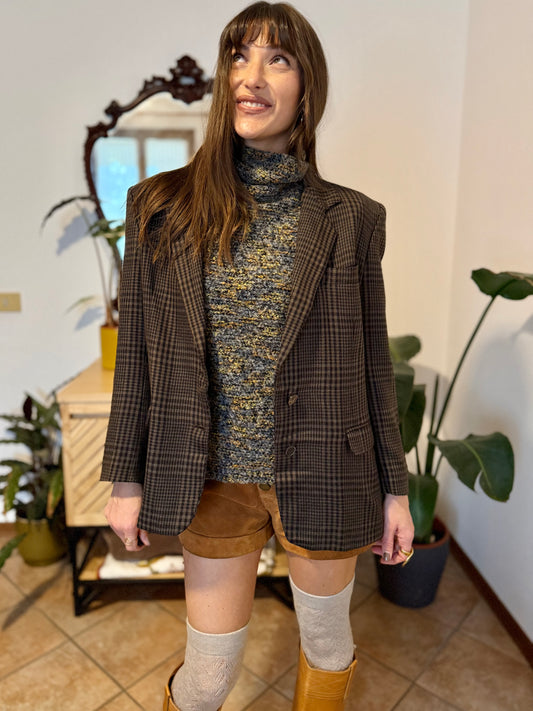 1990's vintage cashmere, wool and silk blend chocolate brown and blue blazer