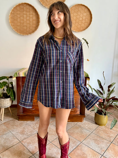 1970's vintage navy blue and chocolate brown plaid shirt